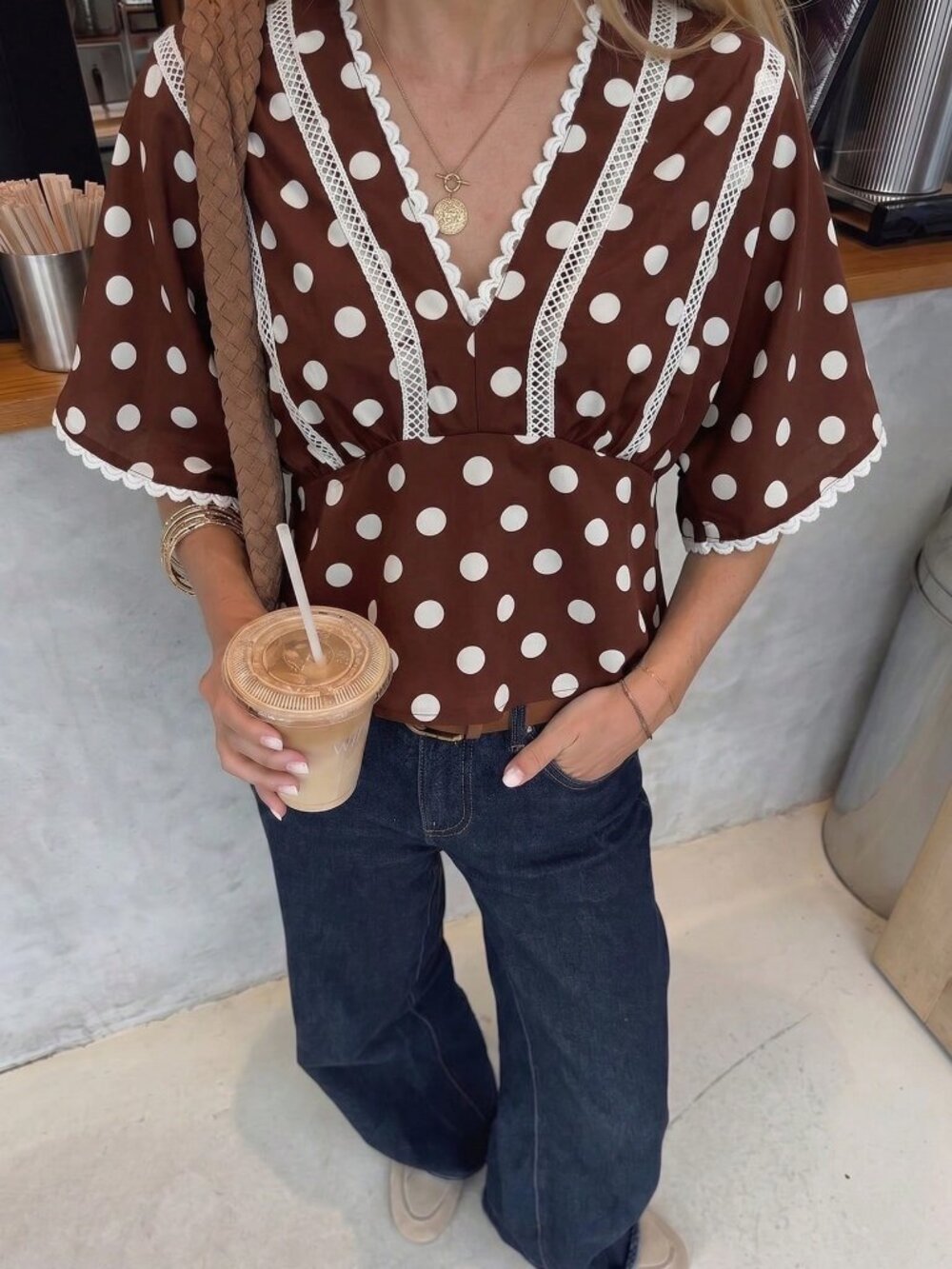 Brown Boho Women's Lace Trim Batwing V Neck Polka Dot Peplum Top